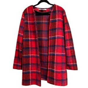 Max Studio Open Front Red Plaid Wool Blend Cost Cardigan Size Large